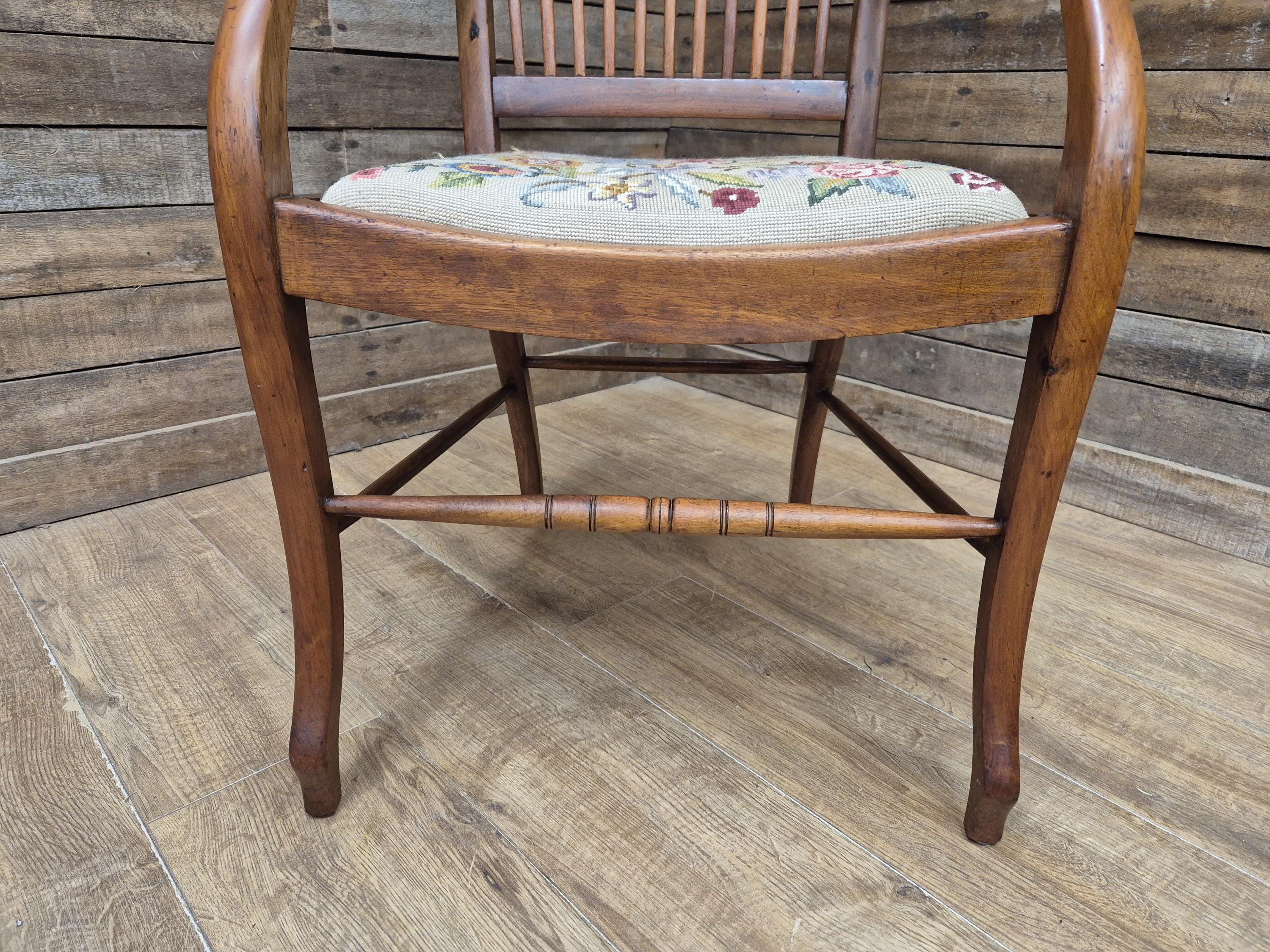Edwardian Office Armchair Spindle Back Needlepoint Seat Antique Desk Chair