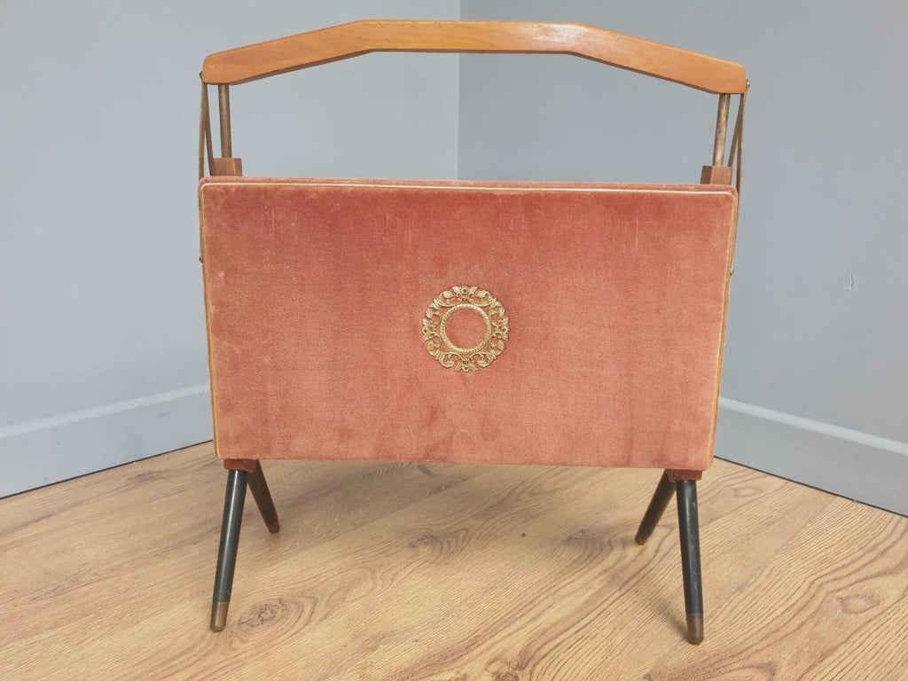 Furnway Magazine Rack Teak Brass Pink Velvet Folding Mid Century Retro Kitsch