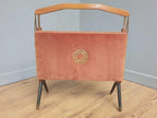Furnway Magazine Rack Teak Brass Pink Velvet Folding Mid Century Retro Kitsch