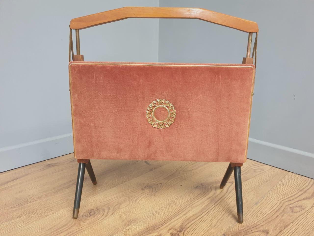 Furnway Magazine Rack Teak Brass Pink Velvet Folding Mid Century Retro Kitsch