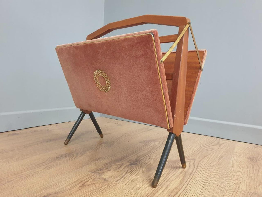 Furnway Magazine Rack Teak Brass Pink Velvet Folding Mid Century Retro Kitsch