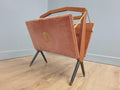 Furnway Magazine Rack Teak Brass Pink Velvet Folding Mid Century Retro Kitsch