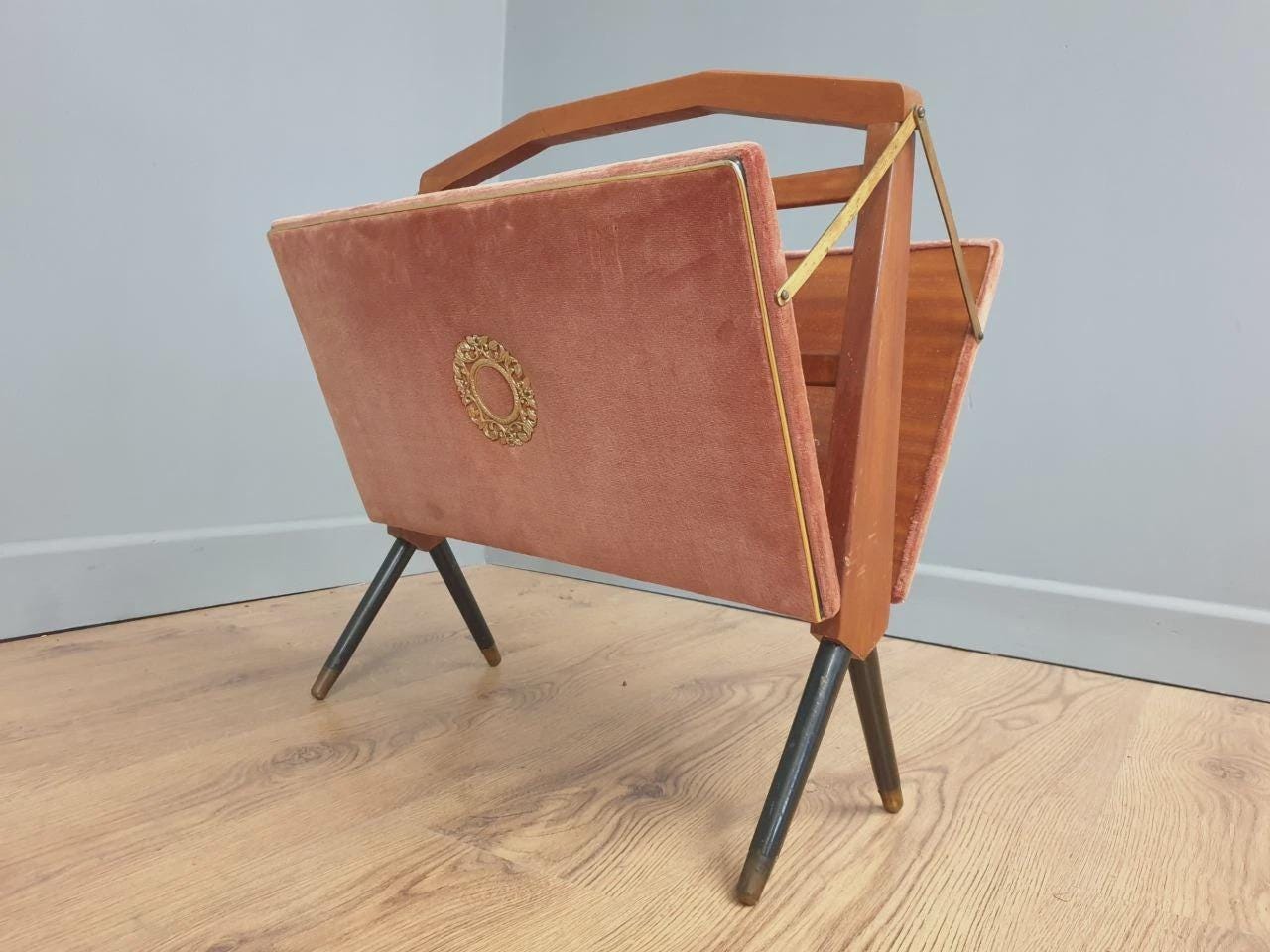 Furnway Magazine Rack Teak Brass Pink Velvet Folding Mid Century Retro Kitsch