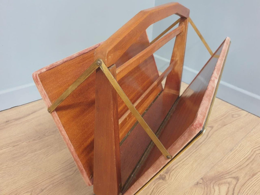 Furnway Magazine Rack Teak Brass Pink Velvet Folding Mid Century Retro Kitsch