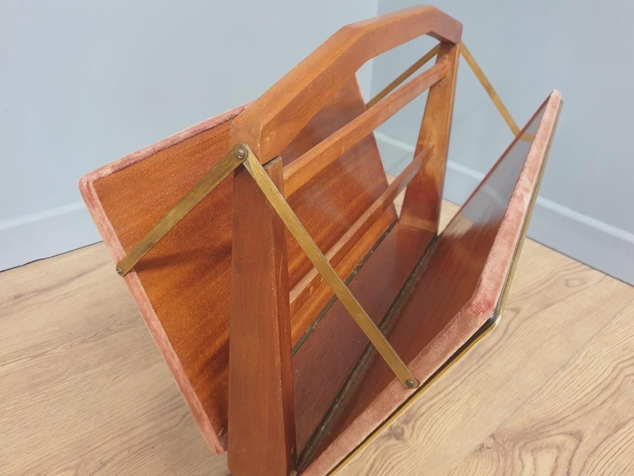 Furnway Magazine Rack Teak Brass Pink Velvet Folding Mid Century Retro Kitsch