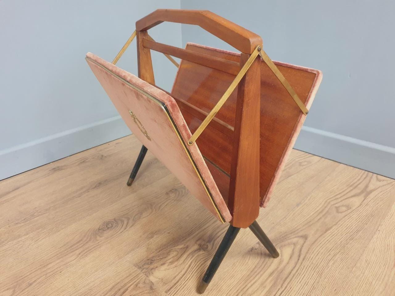 Furnway Magazine Rack Teak Brass Pink Velvet Folding Mid Century Retro Kitsch