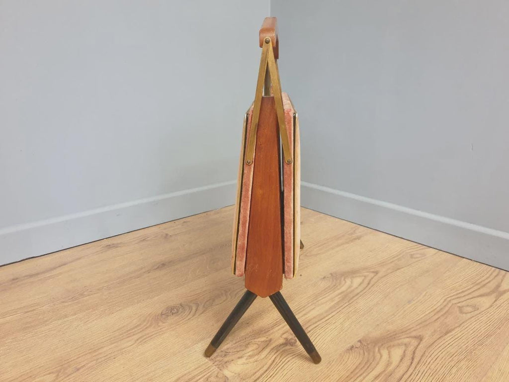 Furnway Magazine Rack Teak Brass Pink Velvet Folding Mid Century Retro Kitsch