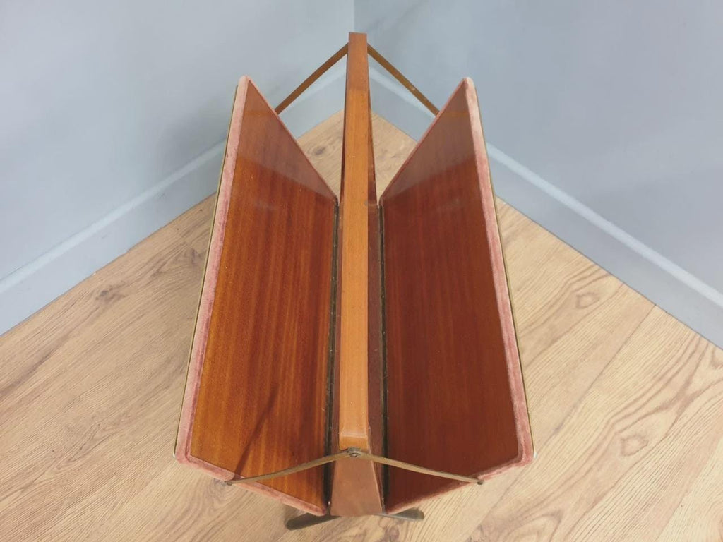 Furnway Magazine Rack Teak Brass Pink Velvet Folding Mid Century Retro Kitsch