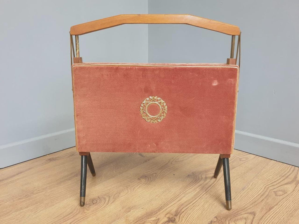 Furnway Magazine Rack Teak Brass Pink Velvet Folding Mid Century Retro Kitsch