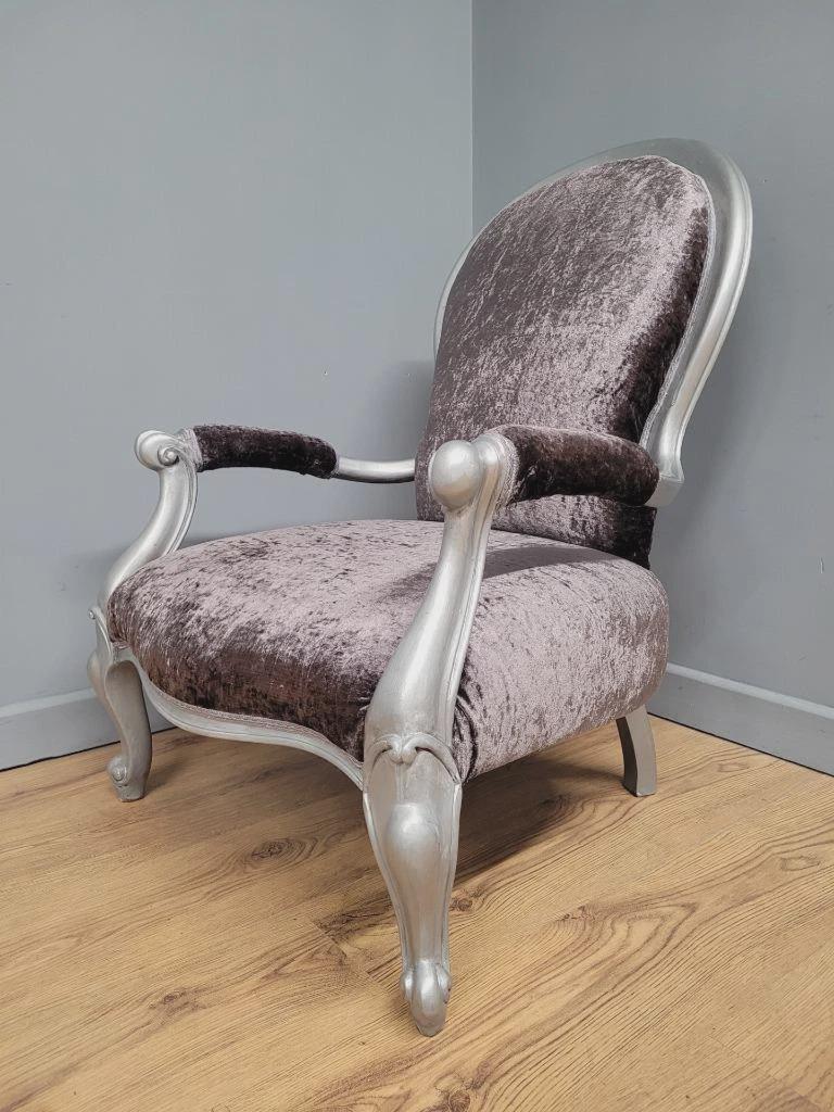 Louis XV Armchair Velvet Upholstered Silver Frame French Style