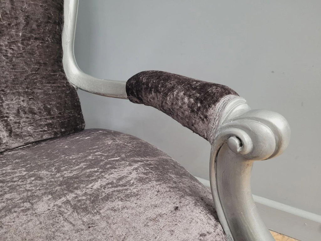 Louis XV Armchair Velvet Upholstered Silver Frame French Style
