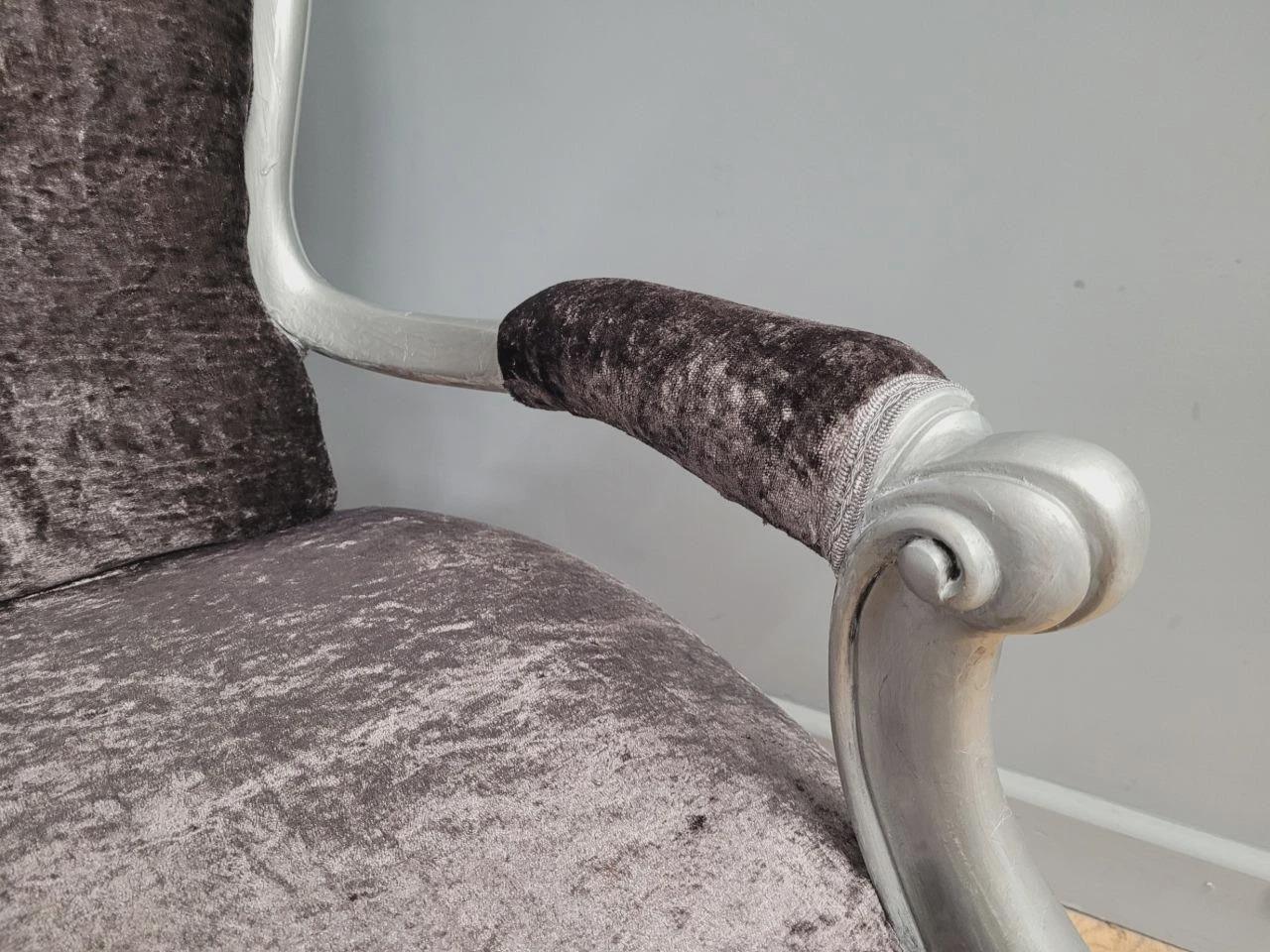 Louis XV Armchair Velvet Upholstered Silver Frame French Style