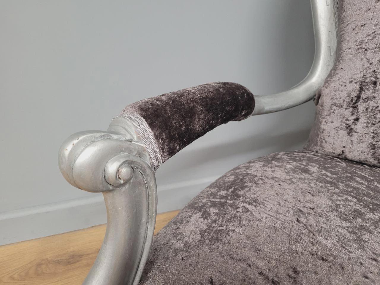 Louis XV Armchair Velvet Upholstered Silver Frame French Style
