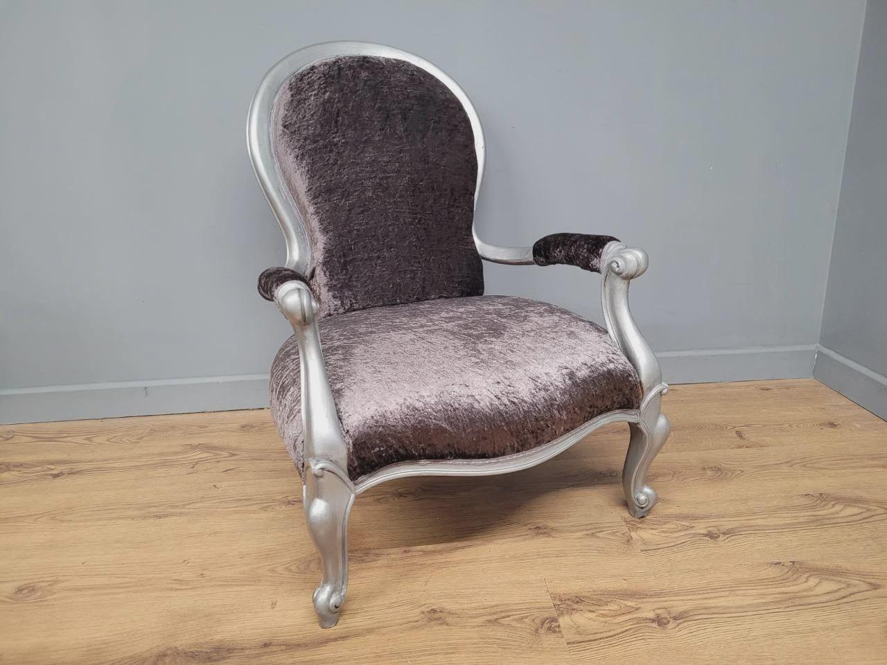 Louis XV Armchair Velvet Upholstered Silver Frame French Style