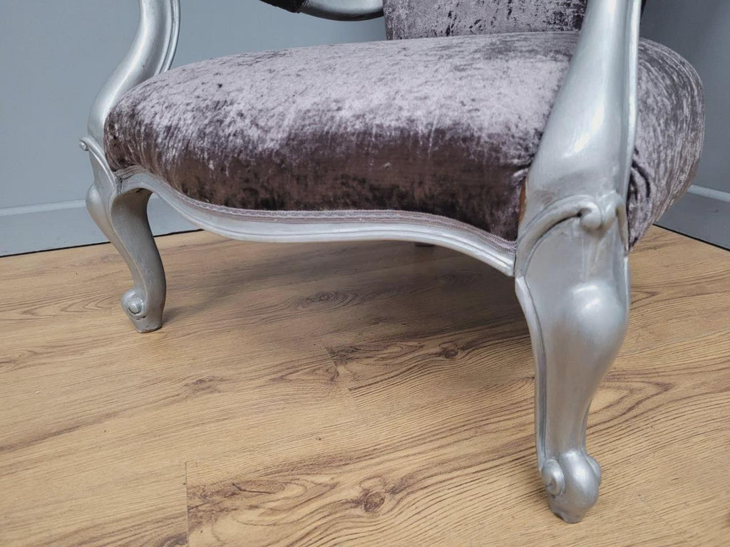 Louis XV Armchair Velvet Upholstered Silver Frame French Style