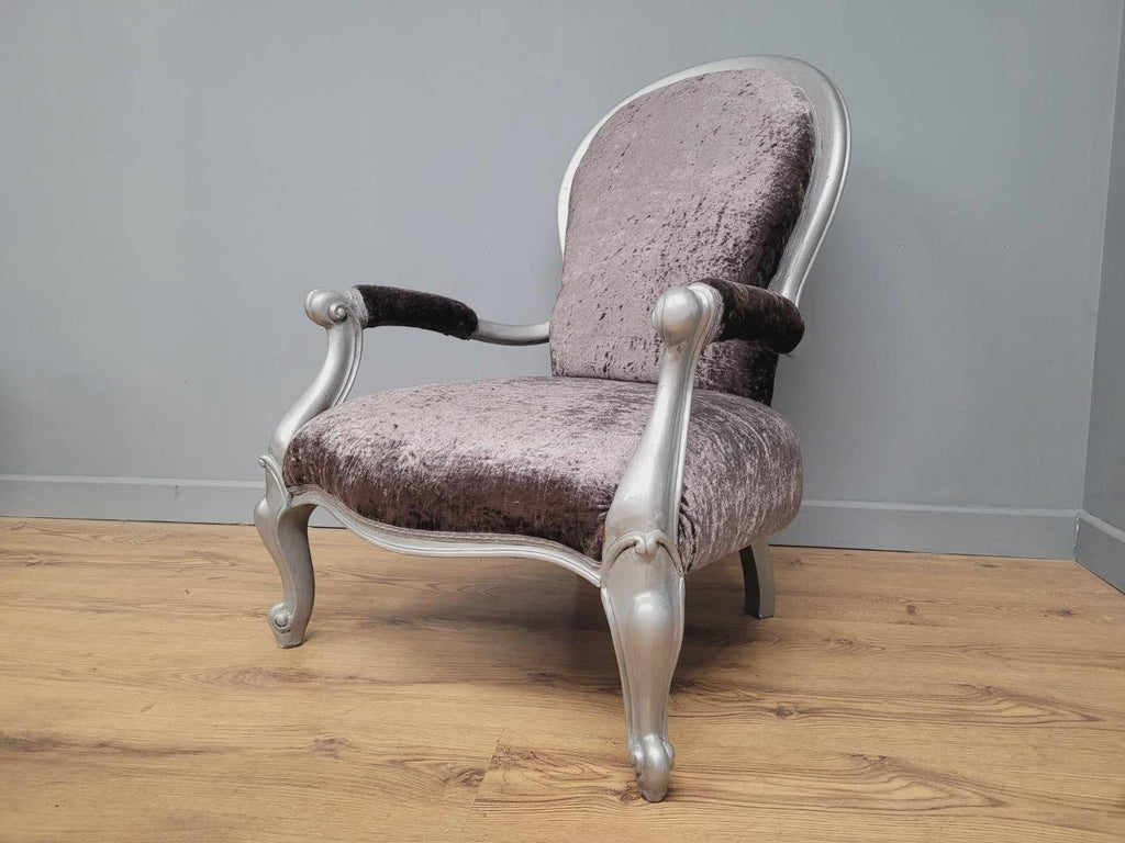 Louis XV Armchair Velvet Upholstered Silver Frame French Style