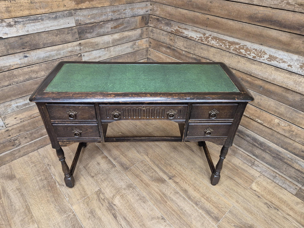 Vintage oak writing desk faux leather top five drawer study desk