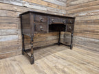 Vintage oak writing desk faux leather top five drawer study desk