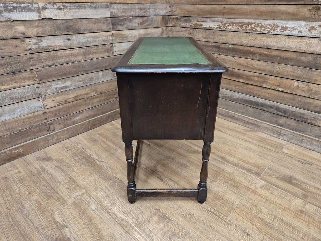 Vintage oak writing desk faux leather top five drawer study desk
