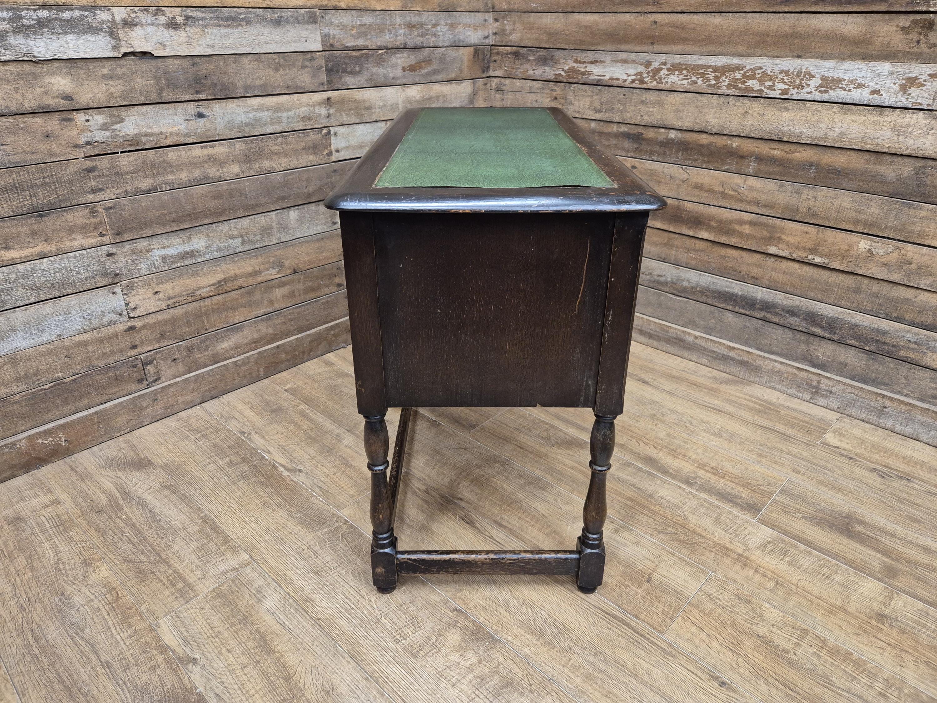 Vintage oak writing desk faux leather top five drawer study desk