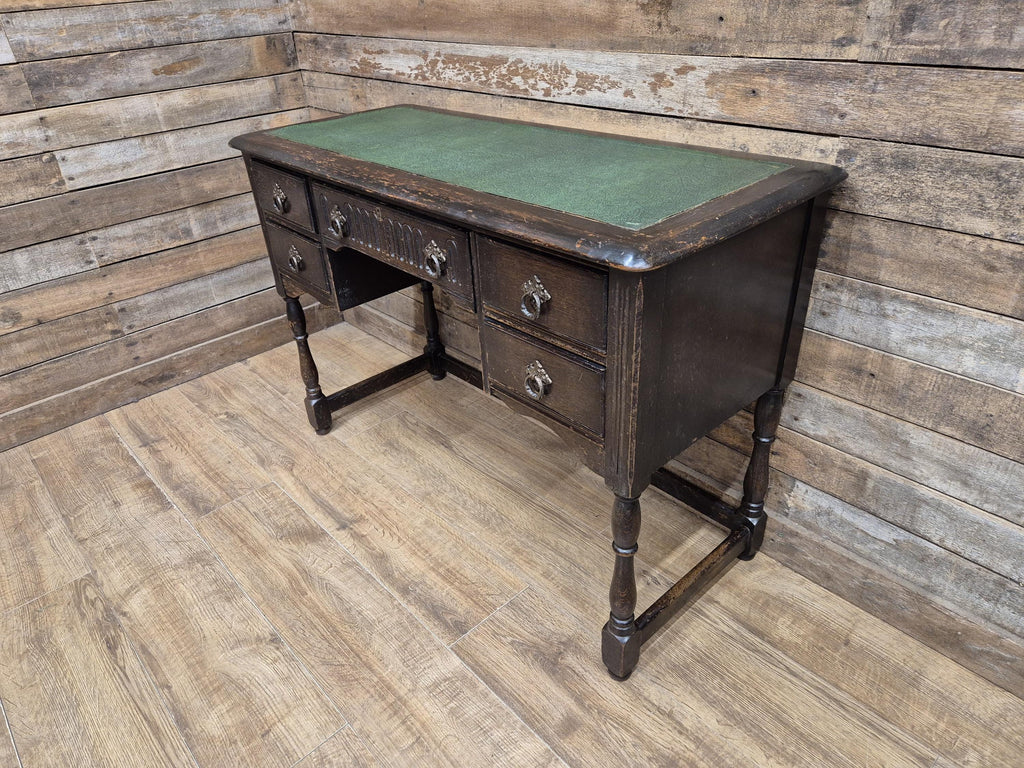Vintage oak writing desk faux leather top five drawer study desk