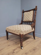 Edwardian Armchair Mahogany Open Arm Turned Legs Castors Upholstered