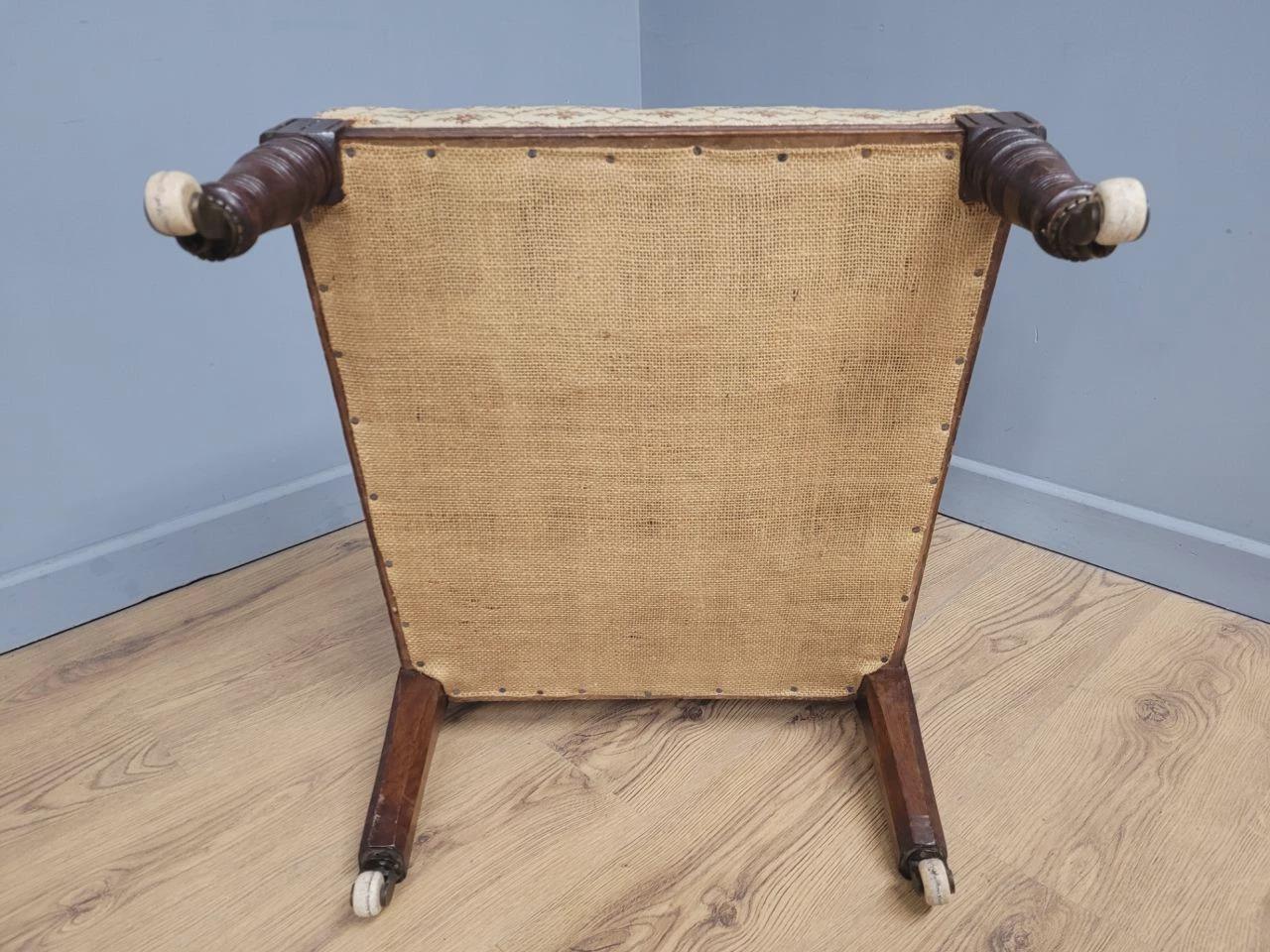 Edwardian Armchair Mahogany Open Arm Turned Legs Castors Upholstered