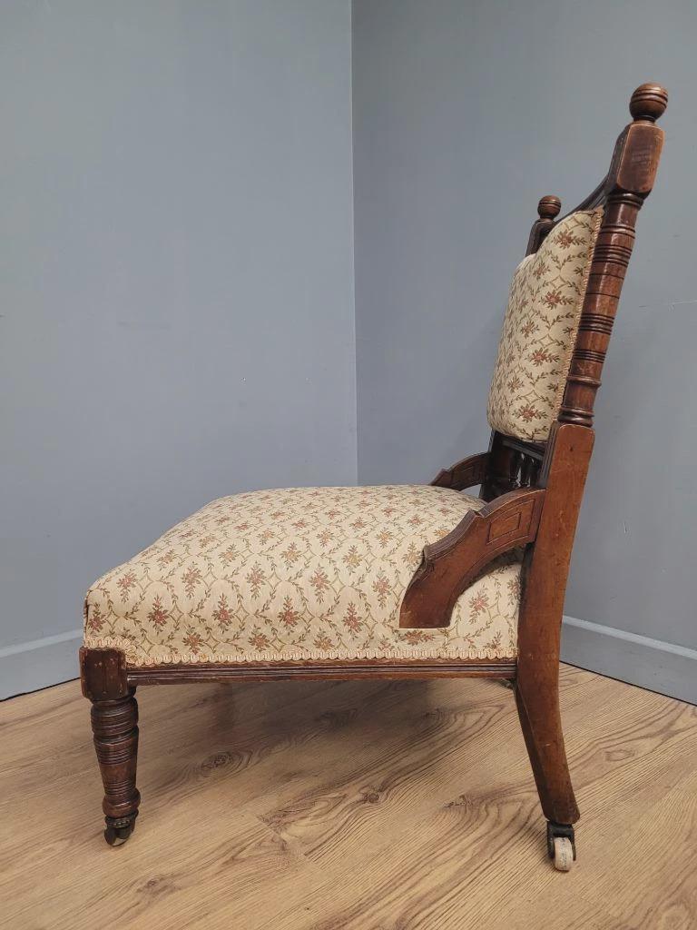 Edwardian Armchair Mahogany Open Arm Turned Legs Castors Upholstered