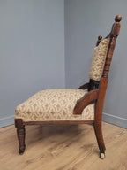 Edwardian Armchair Mahogany Open Arm Turned Legs Castors Upholstered