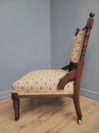 Edwardian Armchair Mahogany Open Arm Turned Legs Castors Upholstered