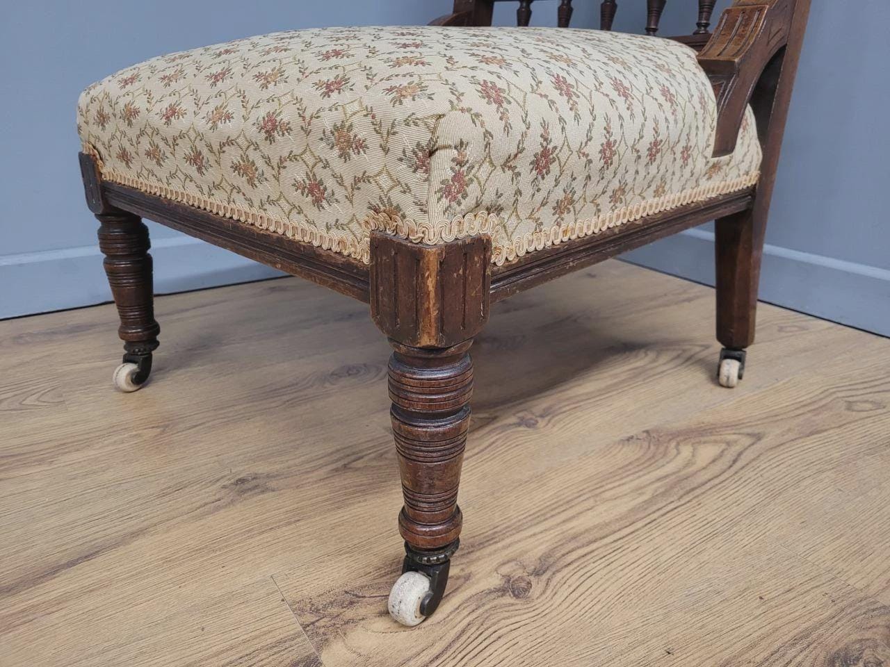 Edwardian Armchair Mahogany Open Arm Turned Legs Castors Upholstered
