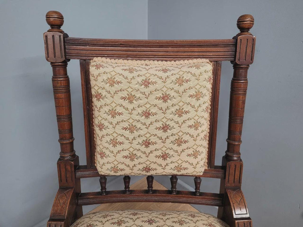 Edwardian Armchair Mahogany Open Arm Turned Legs Castors Upholstered