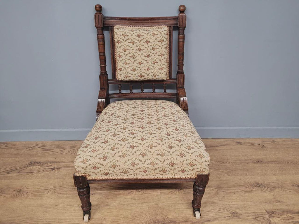 Edwardian Armchair Mahogany Open Arm Turned Legs Castors Upholstered