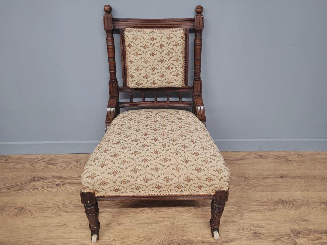 Edwardian Armchair Mahogany Open Arm Turned Legs Castors Upholstered