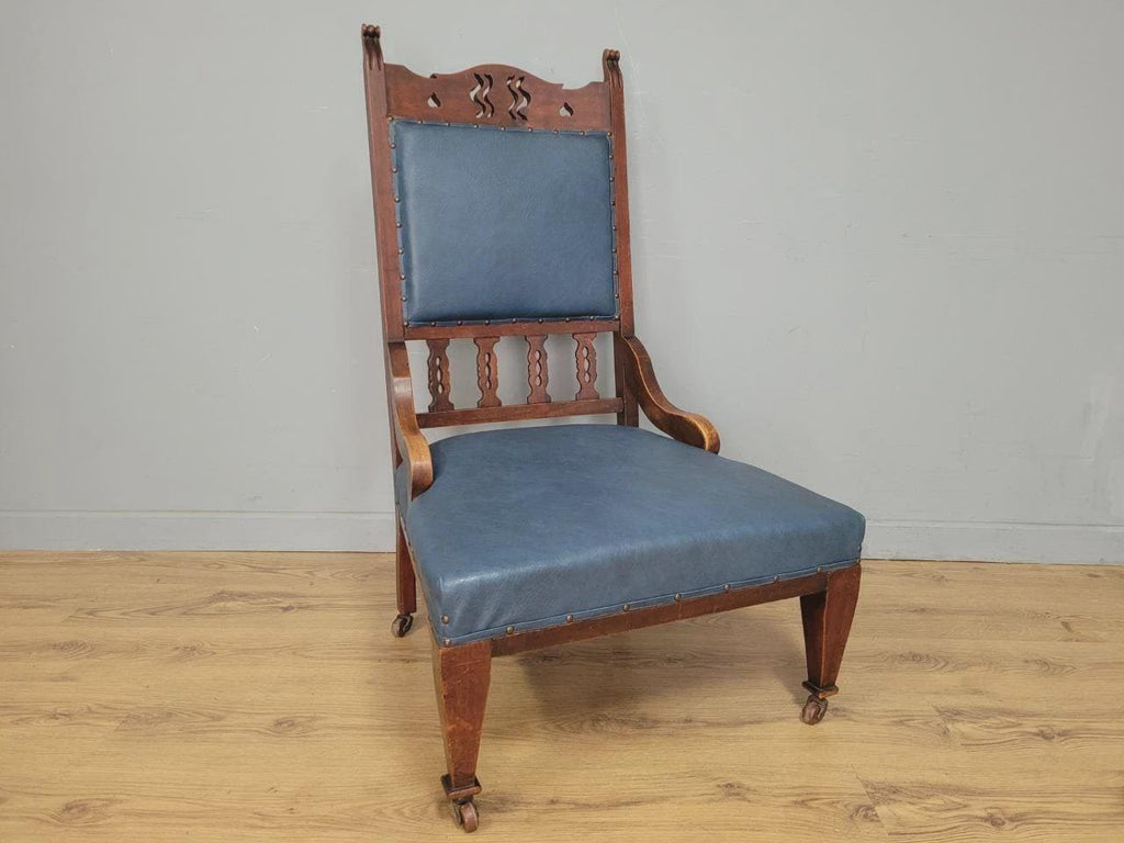 Edwardian Armchair Mahogany High Back Pierced Detail Castors Upholstered