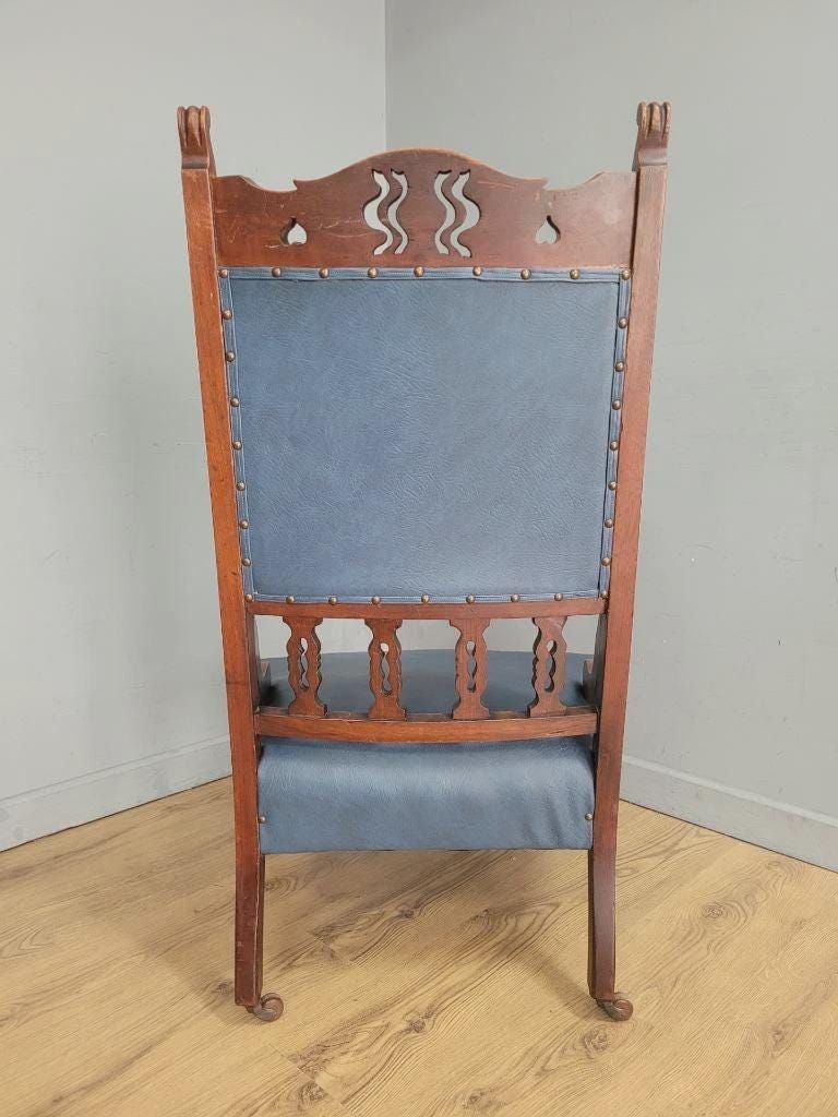 Edwardian Armchair Mahogany High Back Pierced Detail Castors Upholstered