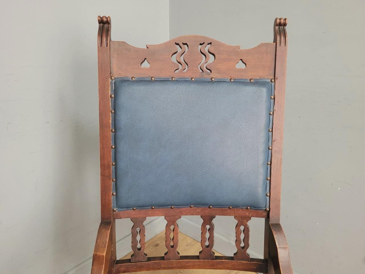 Edwardian Armchair Mahogany High Back Pierced Detail Castors Upholstered