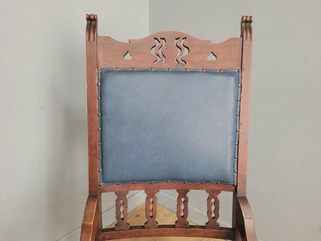 Edwardian Armchair Mahogany High Back Pierced Detail Castors Upholstered