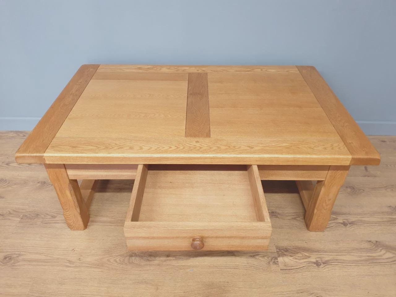 Blonde Oak Coffee Table Drawer Rustic Style Solid Wood Low Table
