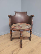Victorian Mahogany Horseshoe Armchair Faux Leather Wool Seat Antique
