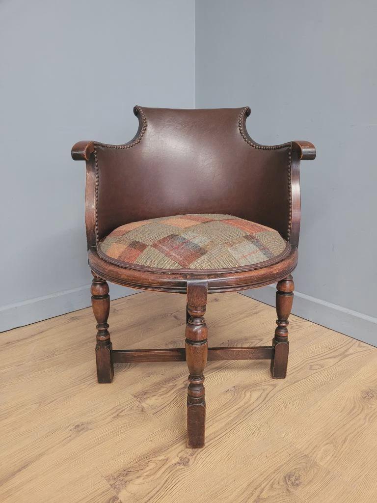 Victorian Mahogany Horseshoe Armchair Faux Leather Wool Seat Antique