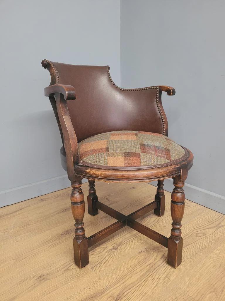 Victorian Mahogany Horseshoe Armchair Faux Leather Wool Seat Antique