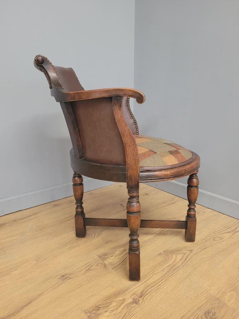 Victorian Mahogany Horseshoe Armchair Faux Leather Wool Seat Antique