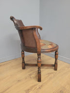 Victorian Mahogany Horseshoe Armchair Faux Leather Wool Seat Antique