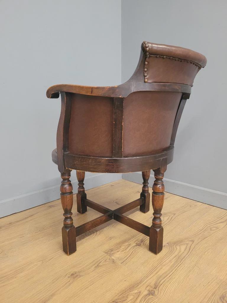 Victorian Mahogany Horseshoe Armchair Faux Leather Wool Seat Antique