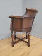 Victorian Mahogany Horseshoe Armchair Faux Leather Wool Seat Antique