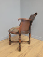 Victorian Mahogany Horseshoe Armchair Faux Leather Wool Seat Antique