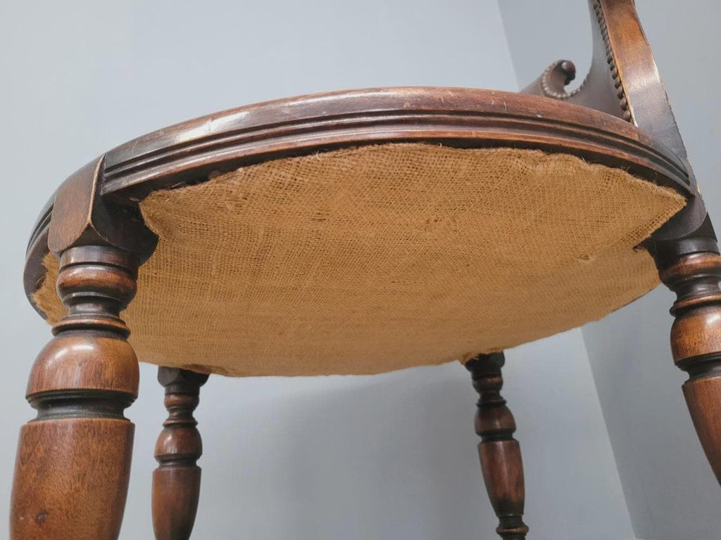 Victorian Mahogany Horseshoe Armchair Faux Leather Wool Seat Antique