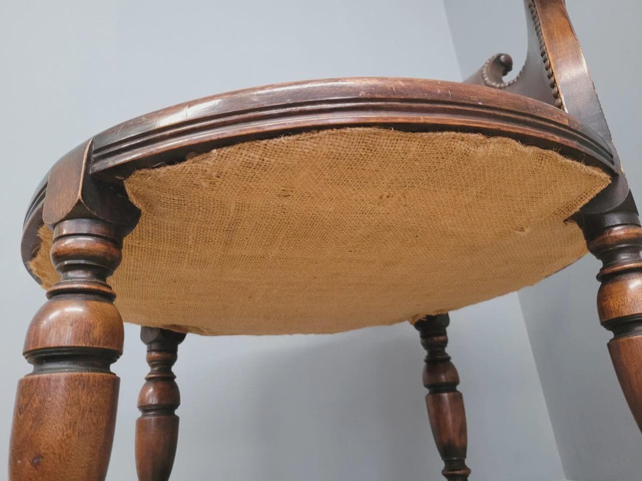Victorian Mahogany Horseshoe Armchair Faux Leather Wool Seat Antique