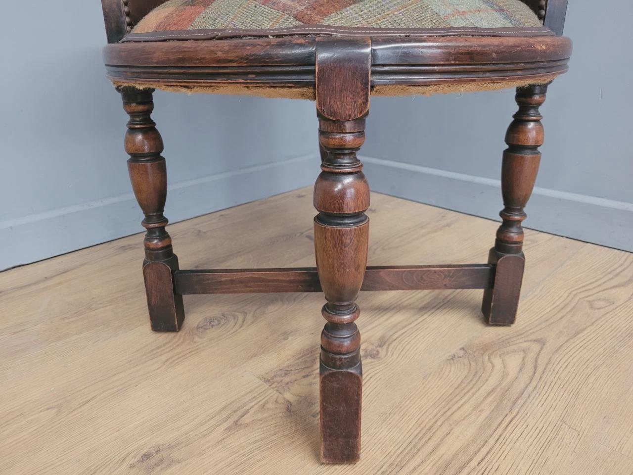 Victorian Mahogany Horseshoe Armchair Faux Leather Wool Seat Antique